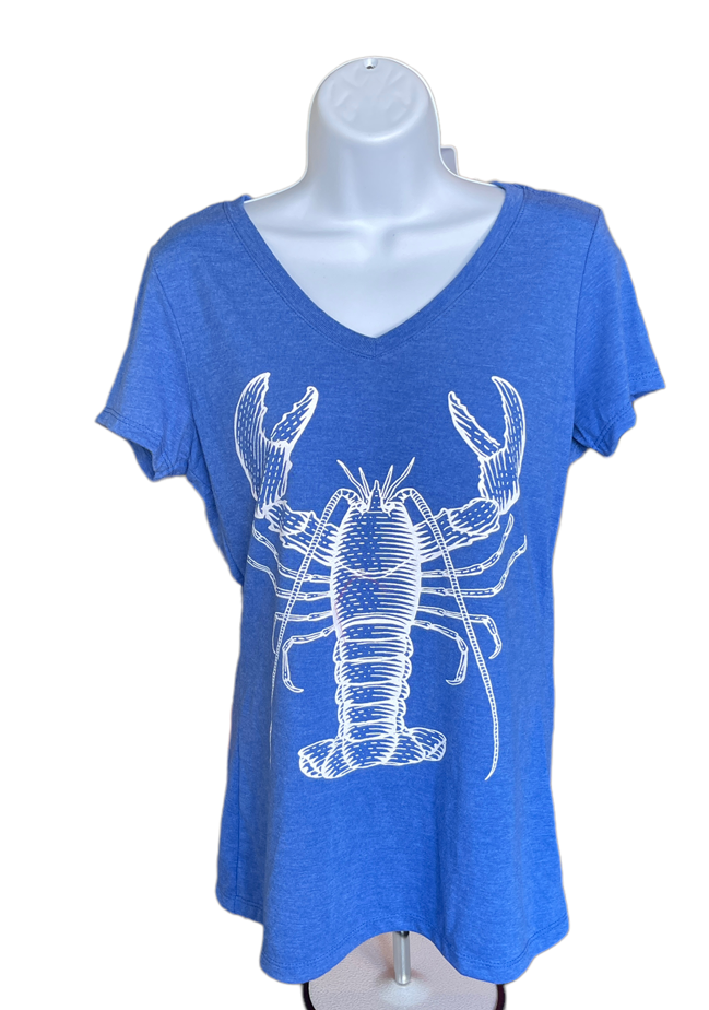 Ladies V Neck Open Claw Lobster Tee - Red or Blue