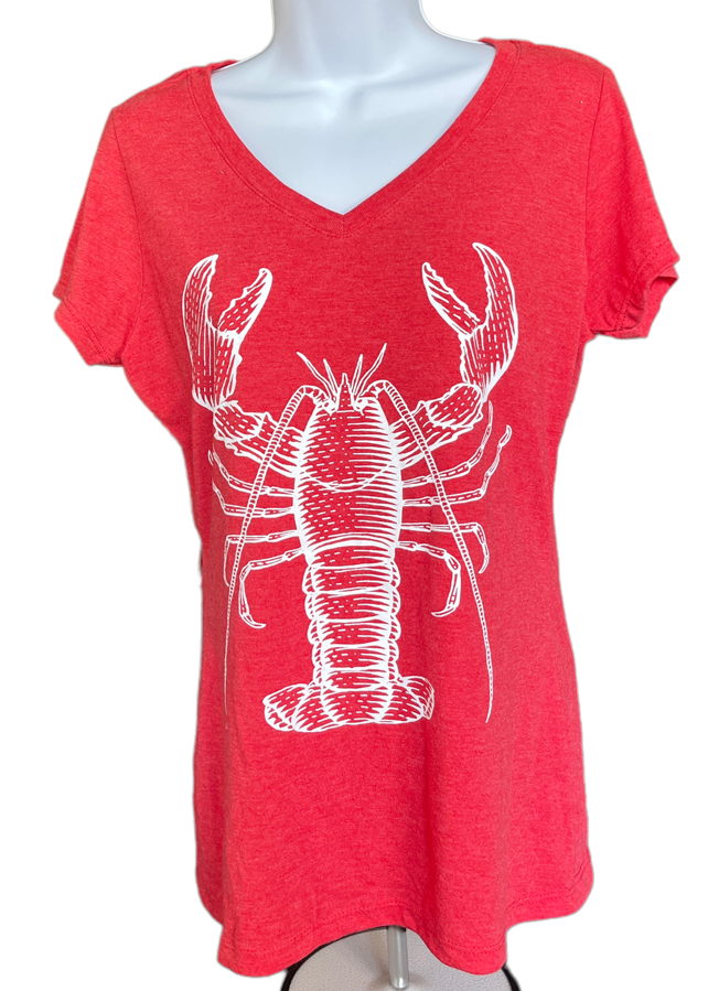 Ladies V Neck Open Claw Lobster Tee - Red or Blue